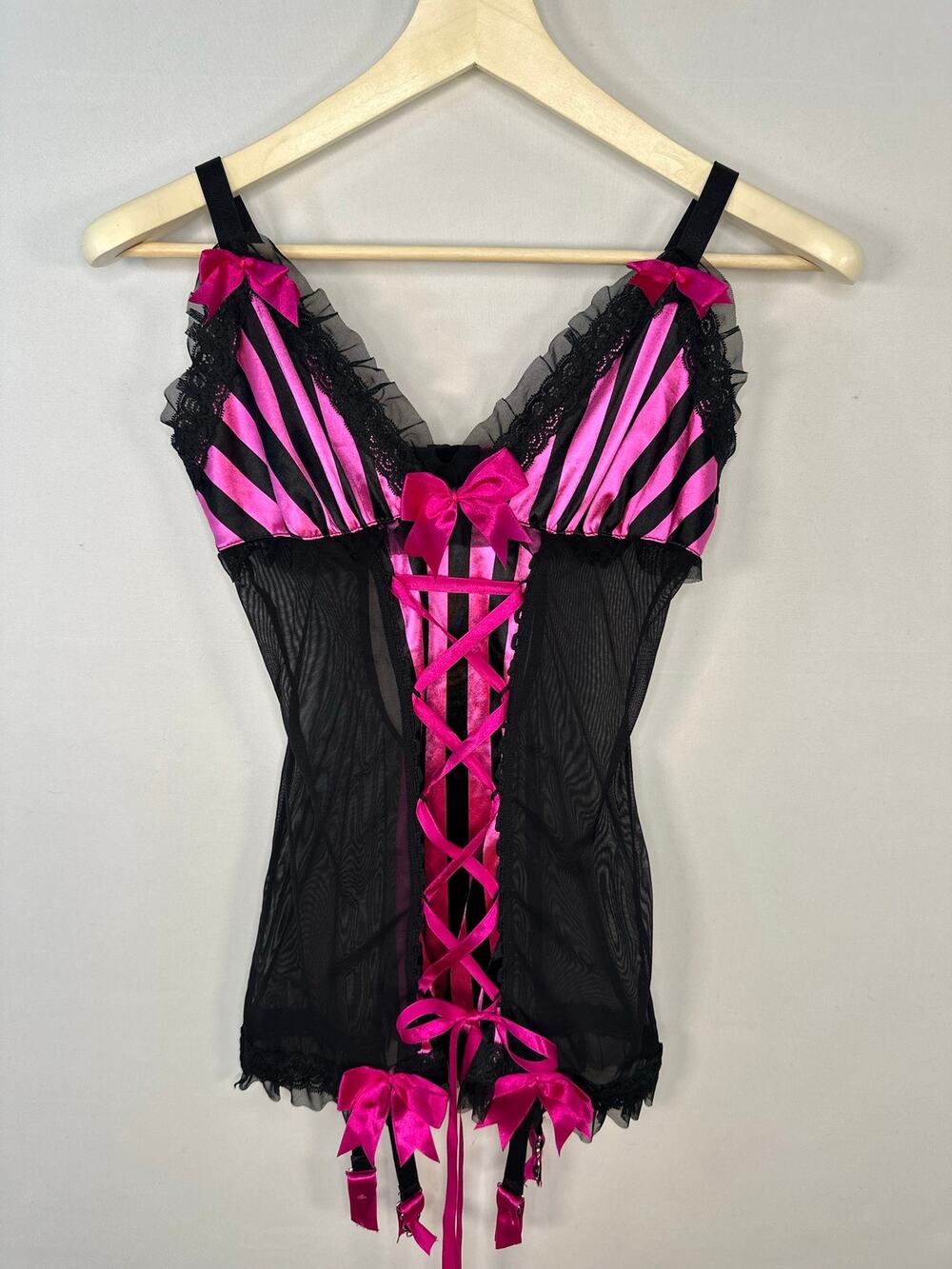Leg Avenue Striped Mesh Corset with Attached Garter Straps and Lace and Ribbons